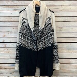 Fair Isle Knit Shawl Collar Soft Cardigan Sweater Nordic Pockets Black White S